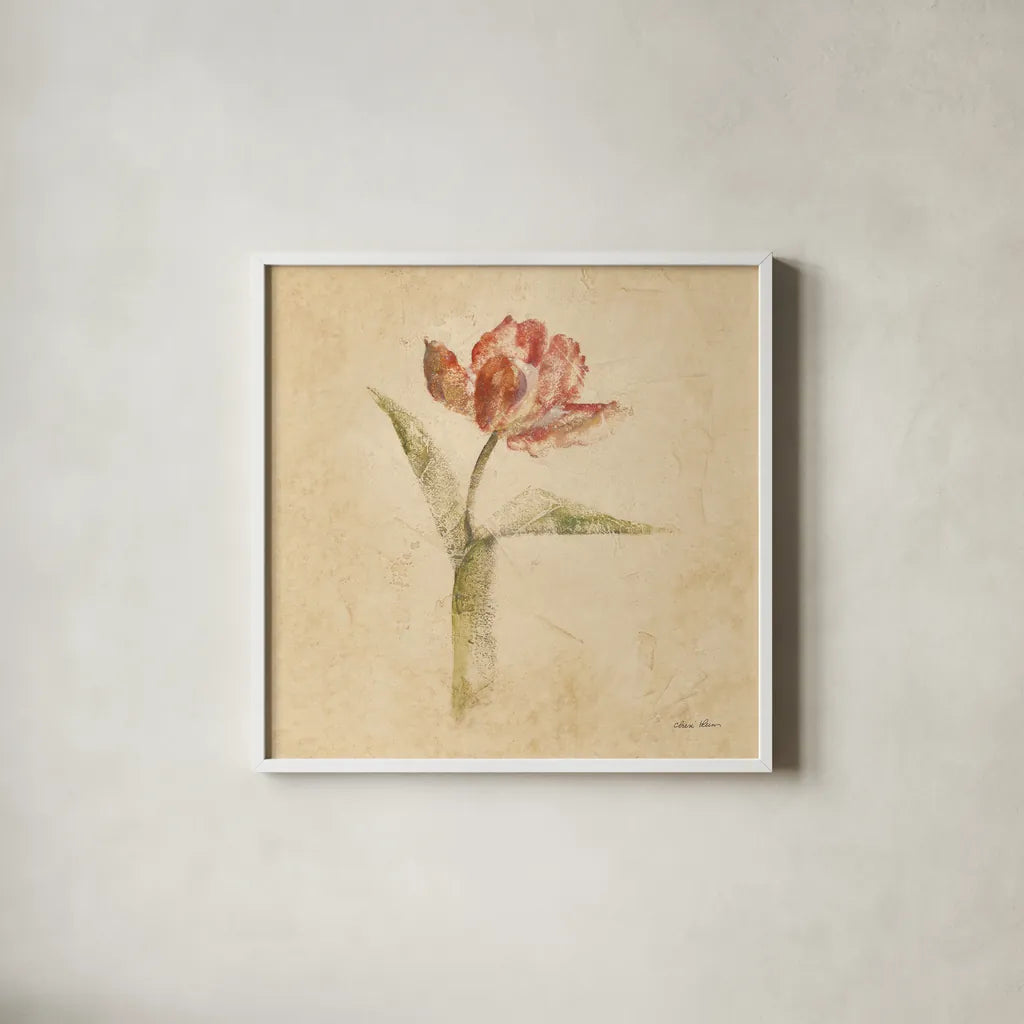 Flaming Parrot Tulip by Cheri Blum. Shown in a crisp white glass frame for a clean and minimalist style. Available as an archival giclee rolled canvas, fine art paper, or poster print. SKU 7350a.