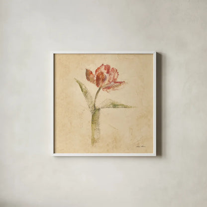 Flaming Parrot Tulip by Cheri Blum. Shown in a crisp white glass frame for a clean and minimalist style. Available as an archival giclee rolled canvas, fine art paper, or poster print. SKU 7350a.