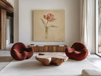 Flaming Parrot Tulip by Cheri Blum. Shown as extra-large giant wall art in a modern living room. Available as an archival giclee rolled canvas, fine art paper, or poster print. SKU 7350a.