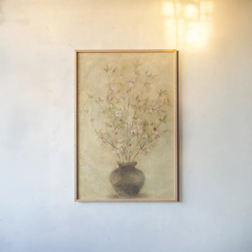 Flowering Apple by Cheri Blum. shown as a paper print in a natural frame. Available as a archival giclee rolled canvas, fine art paper, or poster print. SKU 6951h.