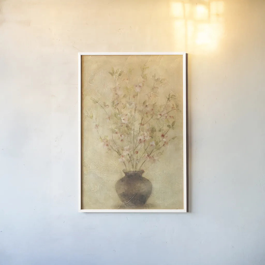 Flowering Apple by Cheri Blum. shown as a paper print in a white frame. Available as a archival giclee rolled canvas, fine art paper, or poster print. SKU 6951h.