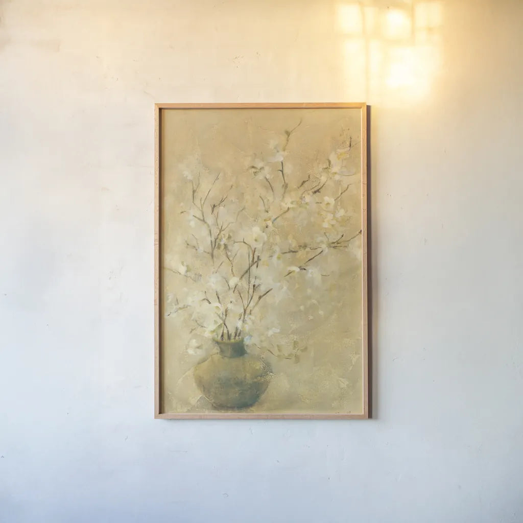 Flowering Dogwood by Cheri Blum. shown as a paper print in a natural frame. Available as a archival giclee rolled canvas, fine art paper, or poster print. SKU 6949h.