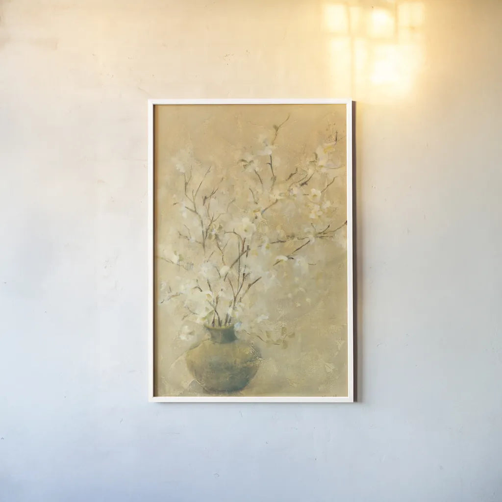 Flowering Dogwood by Cheri Blum. shown as a paper print in a white frame. Available as a archival giclee rolled canvas, fine art paper, or poster print. SKU 6949h.