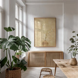 Flowering Plum by Cheri Blum. shown as a print in a natural wood frame in a dining room. Available as a archival giclee rolled canvas, fine art paper, or poster print. SKU 6952h.