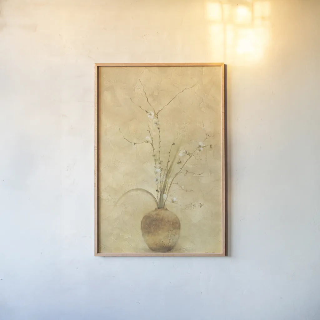 Flowering Plum by Cheri Blum. shown as a paper print in a natural frame. Available as a archival giclee rolled canvas, fine art paper, or poster print. SKU 6952h.