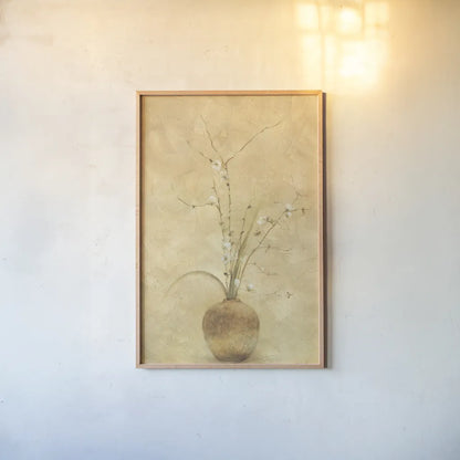 Flowering Plum by Cheri Blum. shown as a paper print in a natural frame. Available as a archival giclee rolled canvas, fine art paper, or poster print. SKU 6952h.
