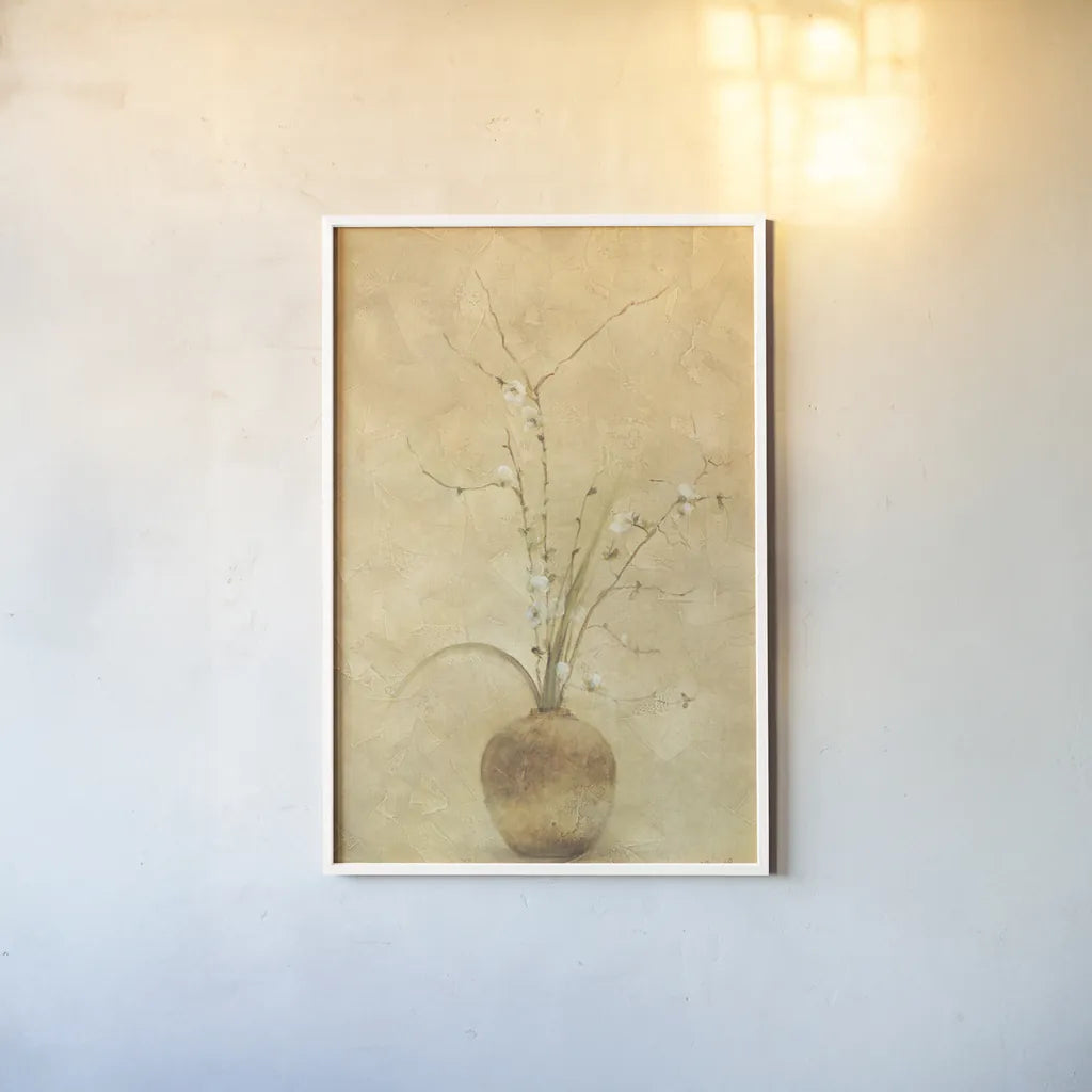 Flowering Plum by Cheri Blum. shown as a paper print in a white frame. Available as a archival giclee rolled canvas, fine art paper, or poster print. SKU 6952h.