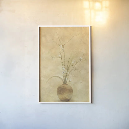 Flowering Plum by Cheri Blum. shown as a paper print in a white frame. Available as a archival giclee rolled canvas, fine art paper, or poster print. SKU 6952h.