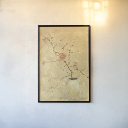 Flowering Quince by Cheri Blum. shown as a paper print in a black flame. Available as a archival giclee rolled canvas, fine art paper, or poster print. SKU 6950h.