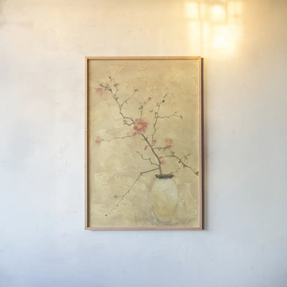 Flowering Quince by Cheri Blum. shown as a paper print in a natural frame. Available as a archival giclee rolled canvas, fine art paper, or poster print. SKU 6950h.