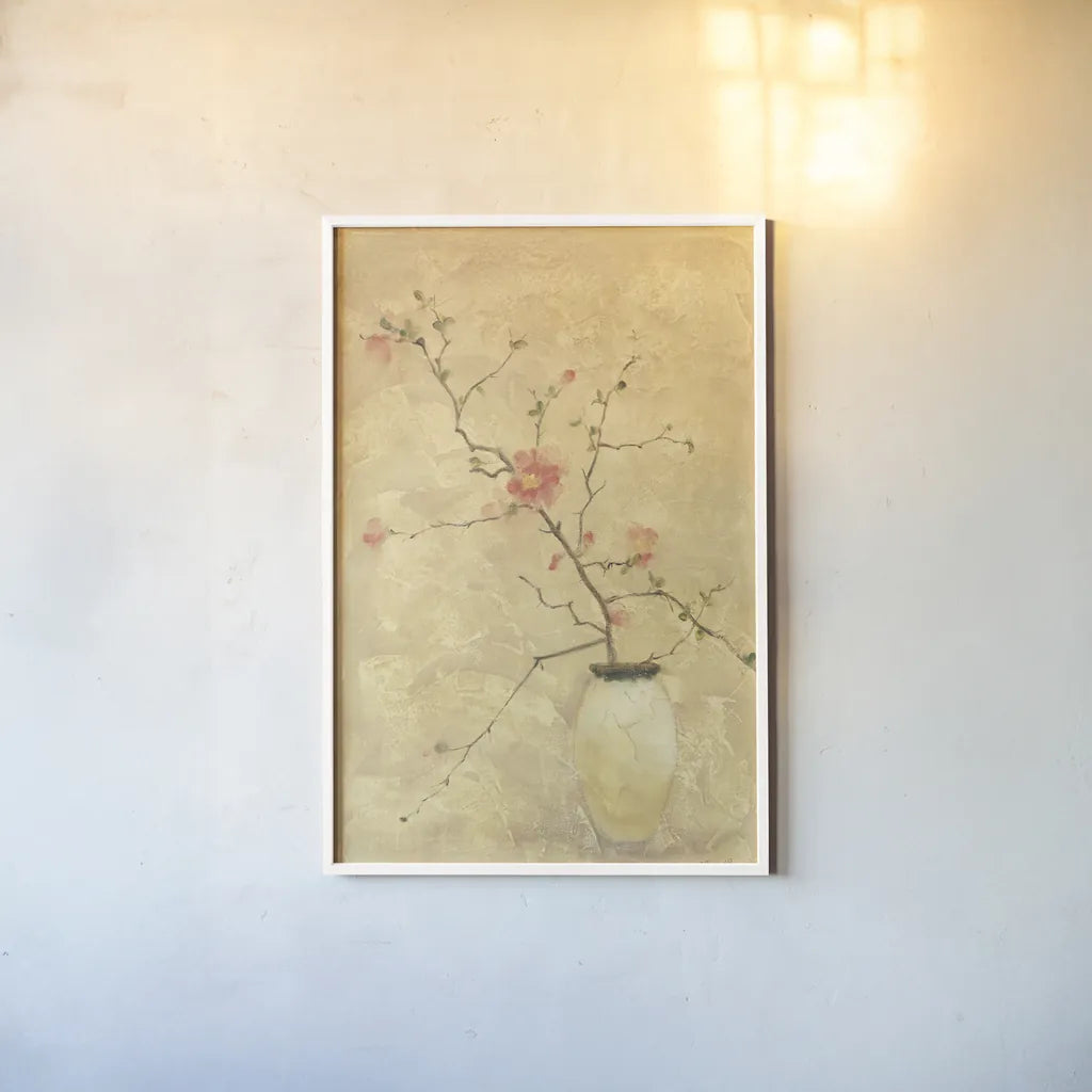 Flowering Quince by Cheri Blum. shown as a paper print in a white frame. Available as a archival giclee rolled canvas, fine art paper, or poster print. SKU 6950h.