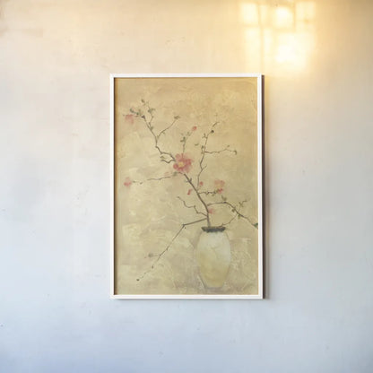 Flowering Quince by Cheri Blum. shown as a paper print in a white frame. Available as a archival giclee rolled canvas, fine art paper, or poster print. SKU 6950h.