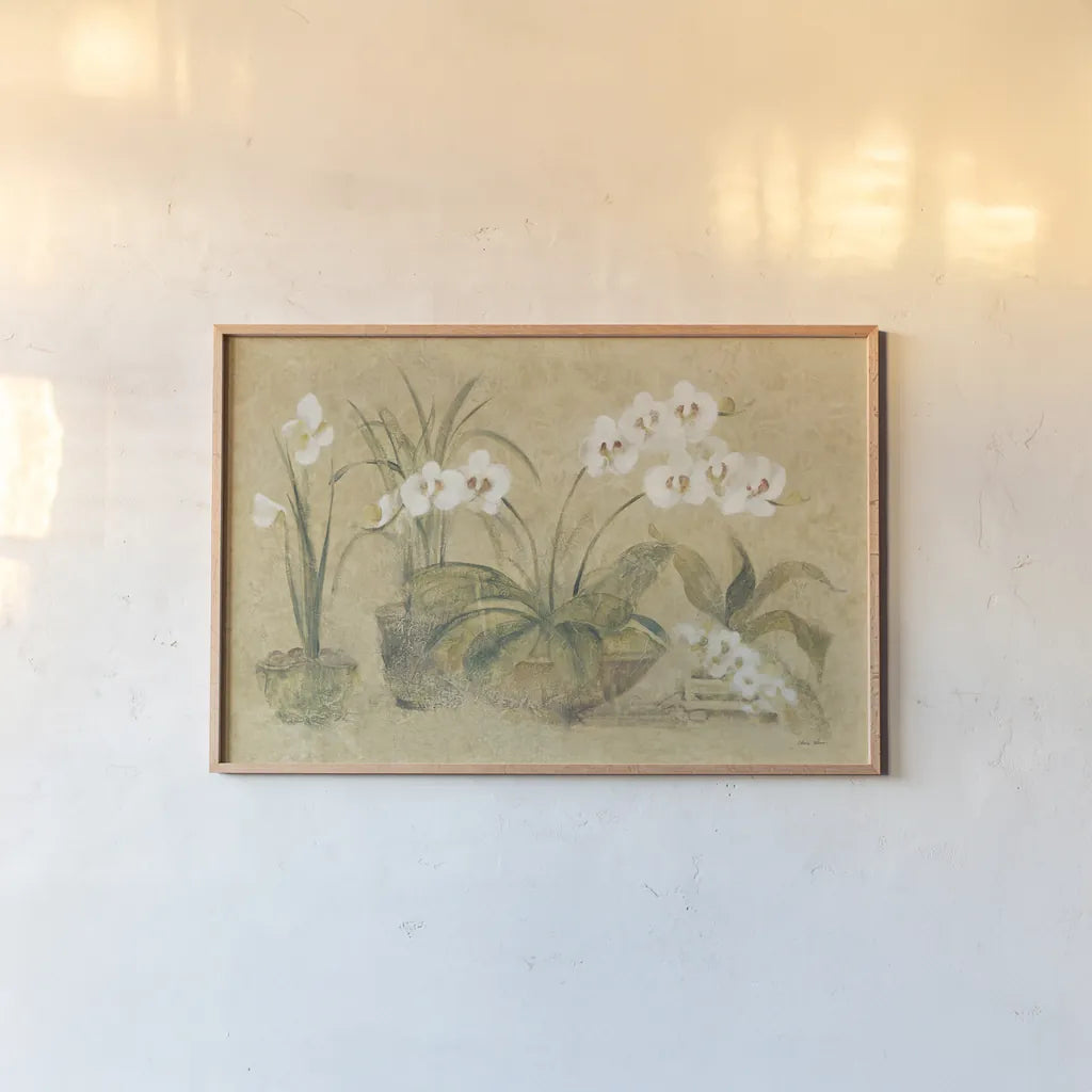 Four Potted Orchids by Cheri Blum. shown as a paper print in a natural frame. Available as a archival giclee rolled canvas, fine art paper, or poster print. SKU 6863i.