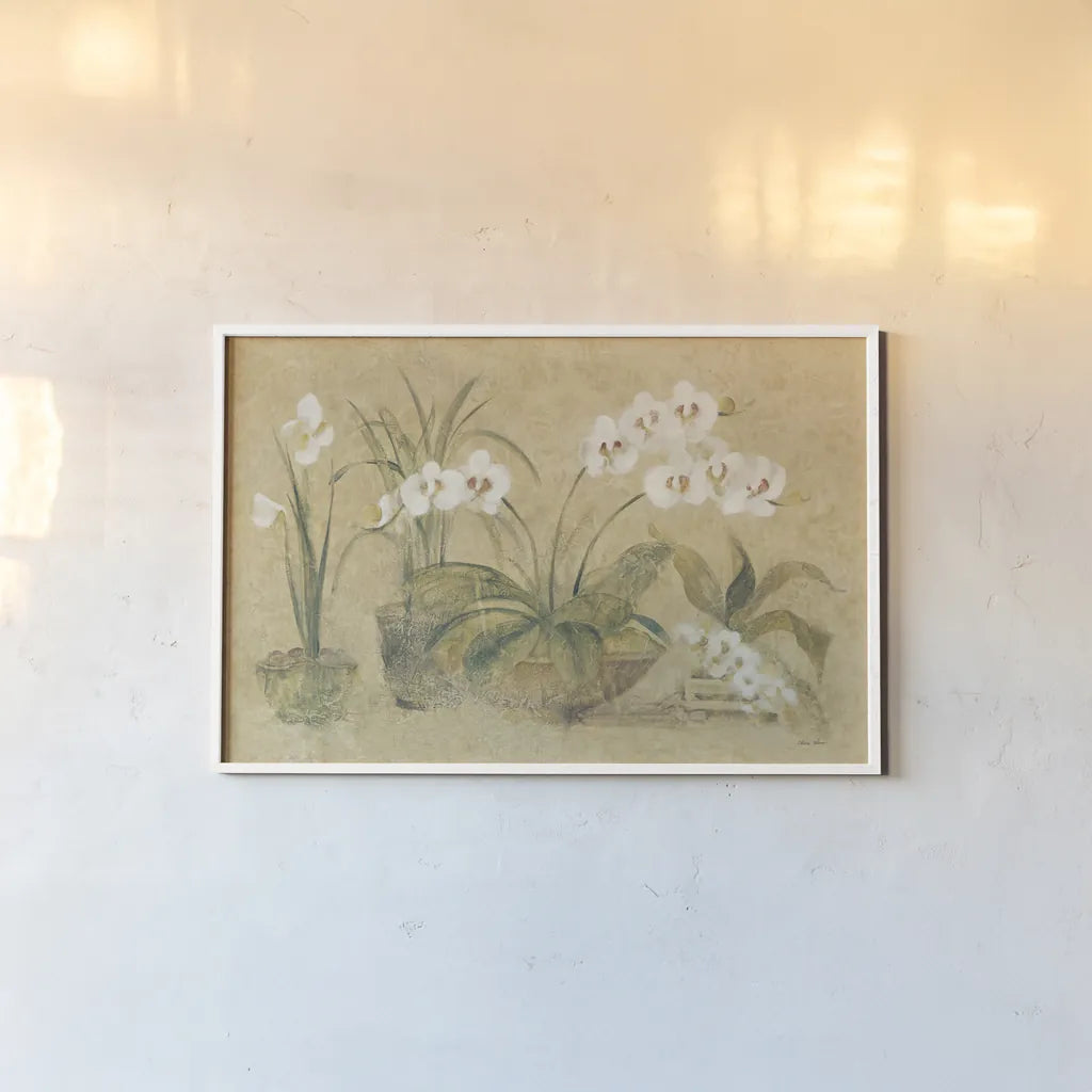 Four Potted Orchids by Cheri Blum. shown as a paper print in a white frame. Available as a archival giclee rolled canvas, fine art paper, or poster print. SKU 6863i.