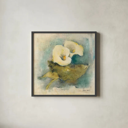 French Calla Lily by Cheri Blum. Shown in a sleek black glass frame for a contemporary gallery look. Available as an archival giclee rolled canvas, fine art paper, or poster print. SKU 7466a.
