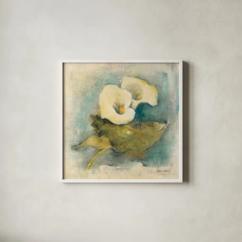 French Calla Lily by Cheri Blum. Shown in a crisp white glass frame for a clean and minimalist style. Available as an archival giclee rolled canvas, fine art paper, or poster print. SKU 7466a.