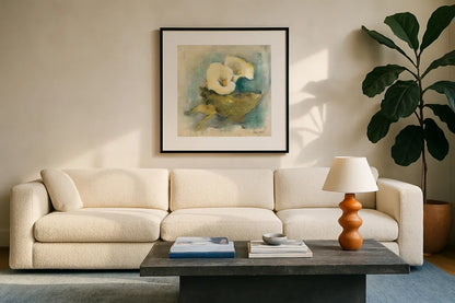 French Calla Lily by Cheri Blum. Displayed in a glass frame with matte in a clean modern living room. Available as an archival giclee rolled canvas, fine art paper, or poster print. SKU 7466a.