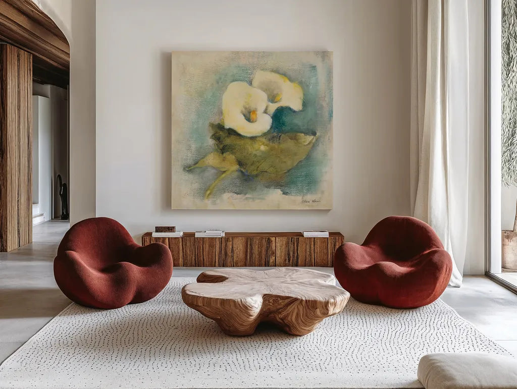 French Calla Lily by Cheri Blum. Shown as extra-large giant wall art in a modern living room. Available as an archival giclee rolled canvas, fine art paper, or poster print. SKU 7466a.