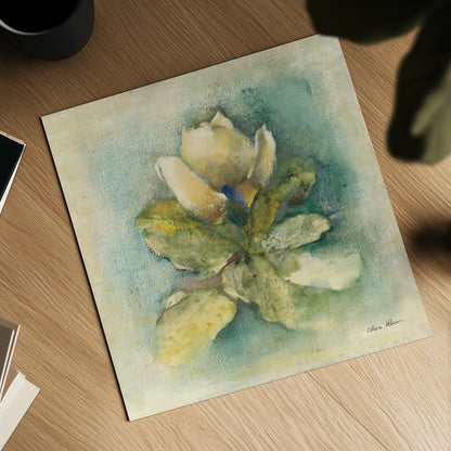 French Magnolia by Cheri Blum. Shown as a detailed flat fine art print, highlighting archival giclee quality. Available as an archival giclee rolled canvas, fine art paper, or poster print. SKU 7467a.