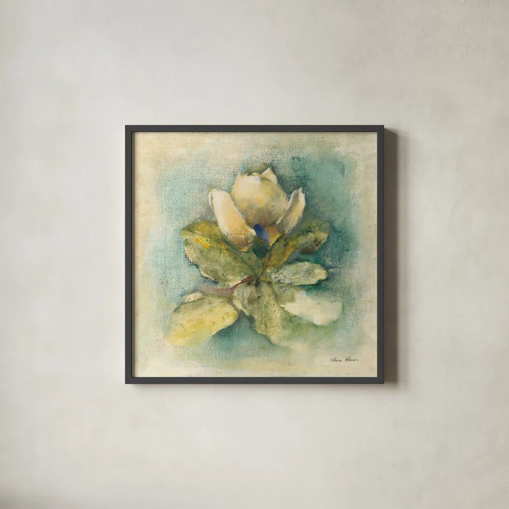 French Magnolia by Cheri Blum. Shown in a sleek black glass frame for a contemporary gallery look. Available as an archival giclee rolled canvas, fine art paper, or poster print. SKU 7467a.