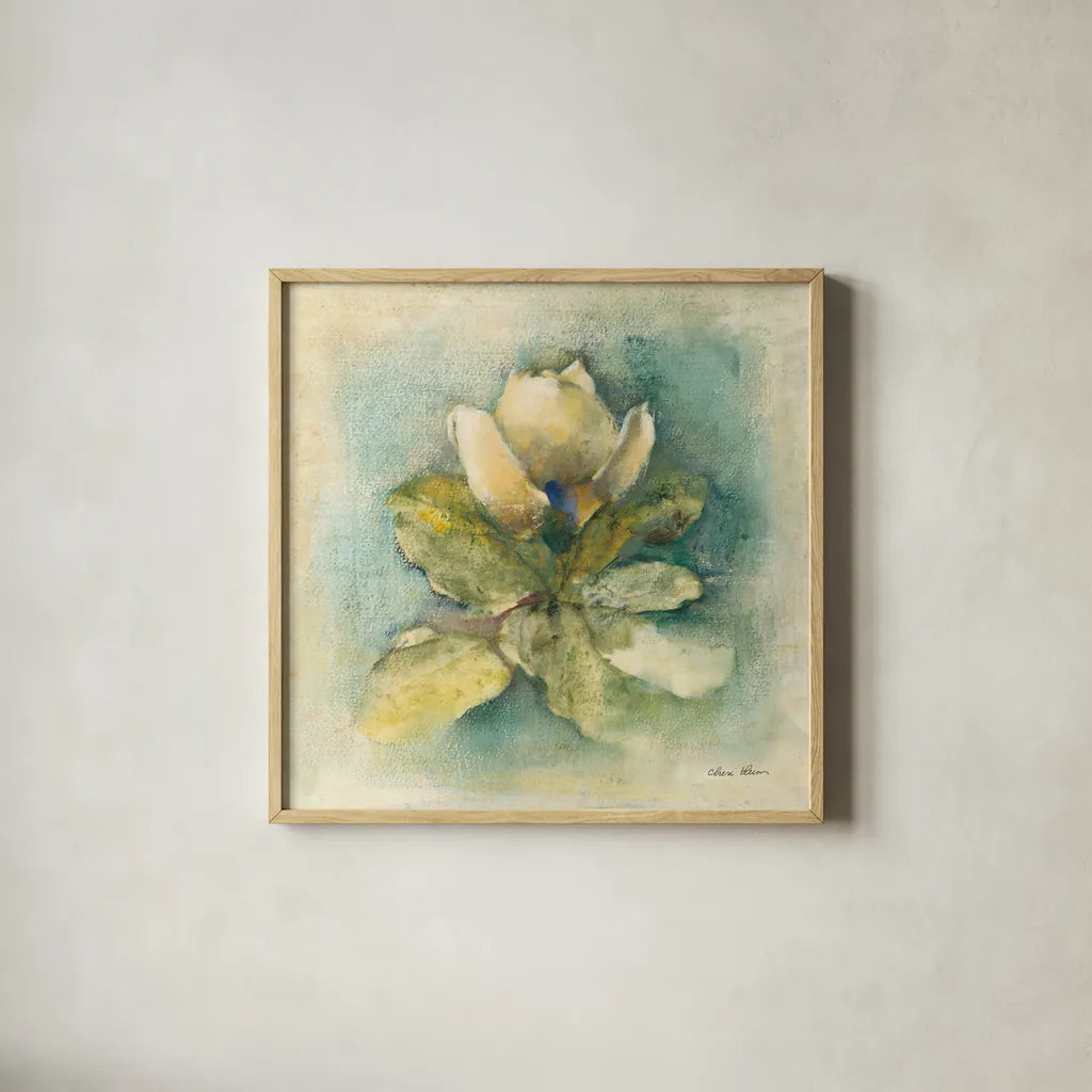 French Magnolia by Cheri Blum. Shown in a natural wood glass frame for a timeless modern aesthetic. Available as an archival giclee rolled canvas, fine art paper, or poster print. SKU 7467a.
