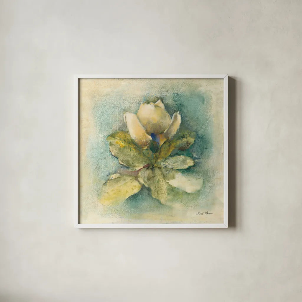 French Magnolia by Cheri Blum. Shown in a crisp white glass frame for a clean and minimalist style. Available as an archival giclee rolled canvas, fine art paper, or poster print. SKU 7467a.