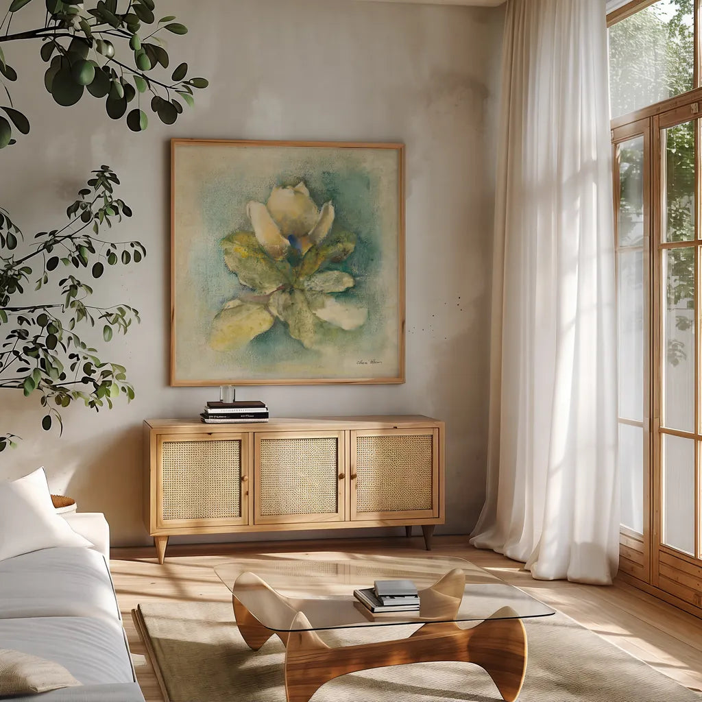French Magnolia by Cheri Blum. Shown in a natural wood frame in a cozy modern living room. Available as an archival giclee rolled canvas, fine art paper, or poster print. SKU 7467a.