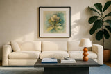 French Magnolia by Cheri Blum. Displayed in a glass frame with matte in a clean modern living room. Available as an archival giclee rolled canvas, fine art paper, or poster print. SKU 7467a.