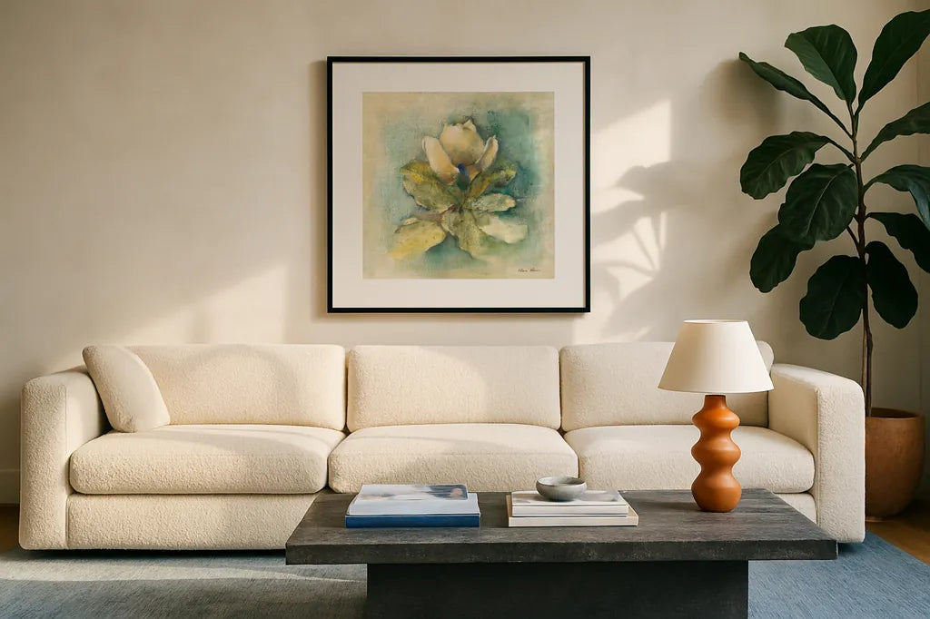 French Magnolia by Cheri Blum. Displayed in a glass frame with matte in a clean modern living room. Available as an archival giclee rolled canvas, fine art paper, or poster print. SKU 7467a.