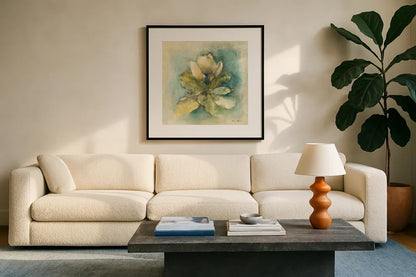 French Magnolia by Cheri Blum. Displayed in a glass frame with matte in a clean modern living room. Available as an archival giclee rolled canvas, fine art paper, or poster print. SKU 7467a.