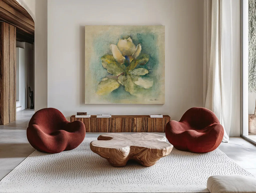 French Magnolia by Cheri Blum. Shown as extra-large giant wall art in a modern living room. Available as an archival giclee rolled canvas, fine art paper, or poster print. SKU 7467a.