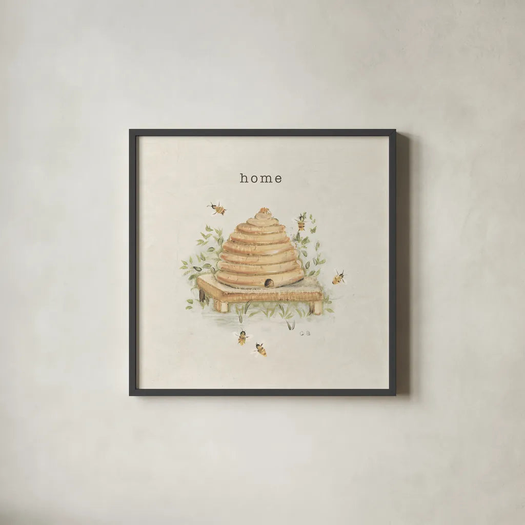 Garden Bees by Cheri Blum. Shown in a sleek black glass frame for a contemporary gallery look. Available as an archival giclee rolled canvas, fine art paper, or poster print. SKU 71381a.