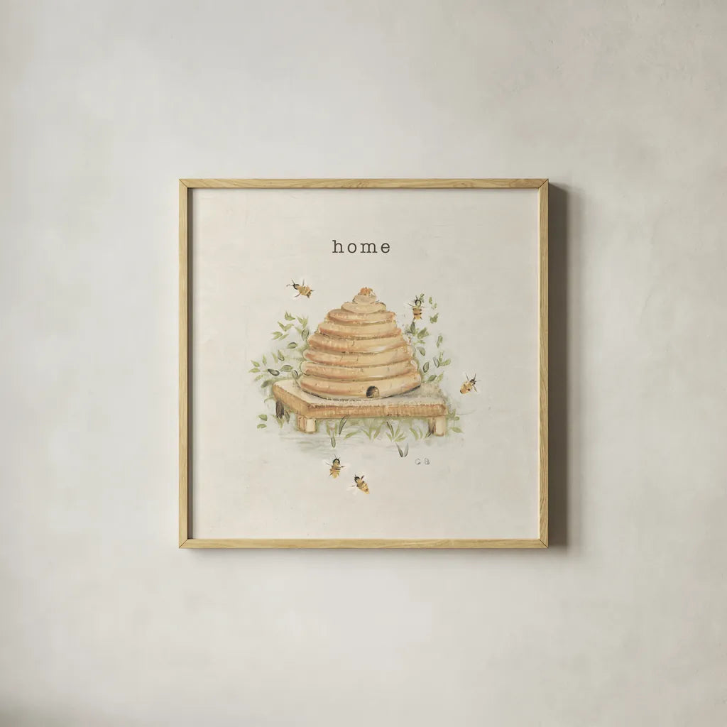 Garden Bees by Cheri Blum. Shown in a natural wood glass frame for a timeless modern aesthetic. Available as an archival giclee rolled canvas, fine art paper, or poster print. SKU 71381a.