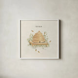 Garden Bees by Cheri Blum. Shown in a crisp white glass frame for a clean and minimalist style. Available as an archival giclee rolled canvas, fine art paper, or poster print. SKU 71381a.