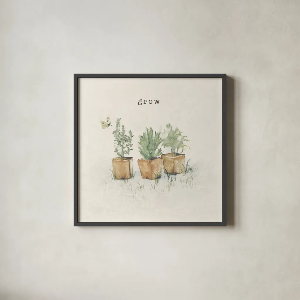 Garden Plants by Cheri Blum. Shown in a sleek black glass frame for a contemporary gallery look. Available as an archival giclee rolled canvas, fine art paper, or poster print. SKU 71501a.