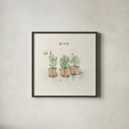 Garden Plants by Cheri Blum. Shown in a sleek black glass frame for a contemporary gallery look. Available as an archival giclee rolled canvas, fine art paper, or poster print. SKU 71501a.