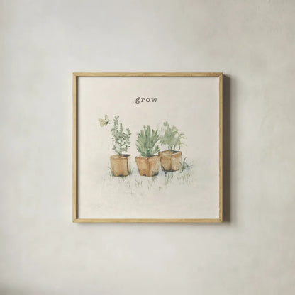 Garden Plants by Cheri Blum. Shown in a natural wood glass frame for a timeless modern aesthetic. Available as an archival giclee rolled canvas, fine art paper, or poster print. SKU 71501a.