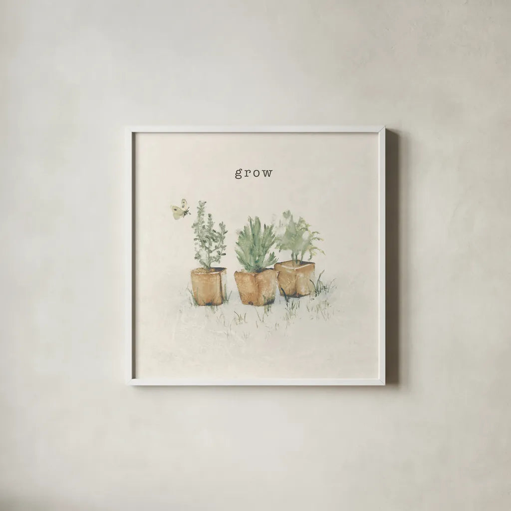 Garden Plants by Cheri Blum. Shown in a crisp white glass frame for a clean and minimalist style. Available as an archival giclee rolled canvas, fine art paper, or poster print. SKU 71501a.