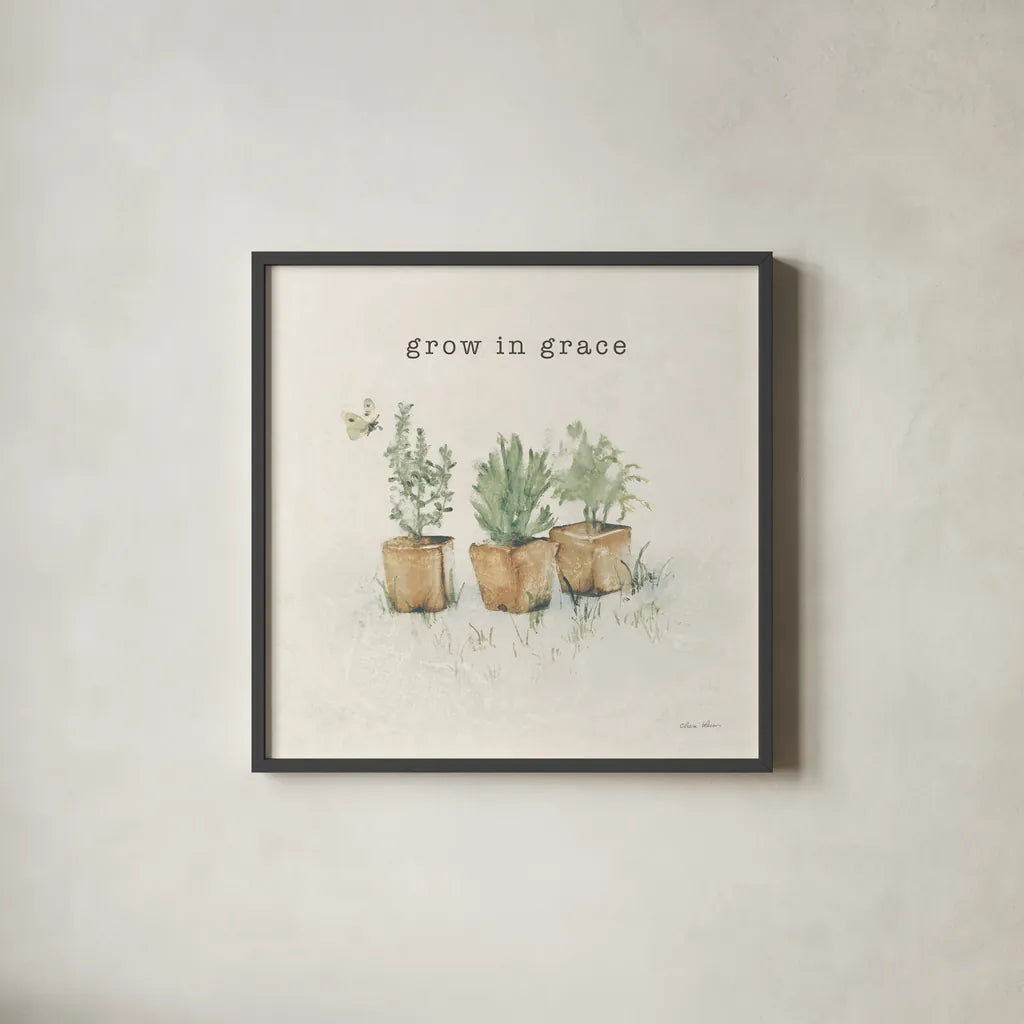 Garden Plants Grace by Cheri Blum. Shown in a sleek black glass frame for a contemporary gallery look. Available as an archival giclee rolled canvas, fine art paper, or poster print. SKU 91499a.
