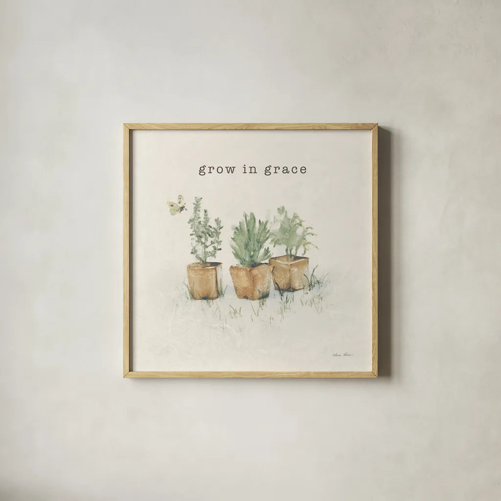 Garden Plants Grace by Cheri Blum. Shown in a natural wood glass frame for a timeless modern aesthetic. Available as an archival giclee rolled canvas, fine art paper, or poster print. SKU 91499a.