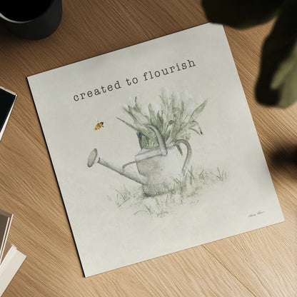 Garden Watering Can Flourish by Cheri Blum. Shown as a detailed flat fine art print, highlighting archival giclee quality. Available as an archival giclee rolled canvas, fine art paper, or poster print. SKU 91500a.
