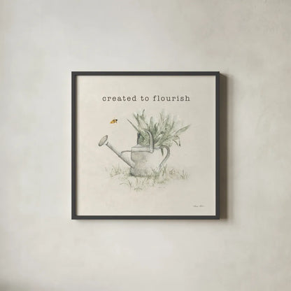 Garden Watering Can Flourish by Cheri Blum. Shown in a sleek black glass frame for a contemporary gallery look. Available as an archival giclee rolled canvas, fine art paper, or poster print. SKU 91500a.