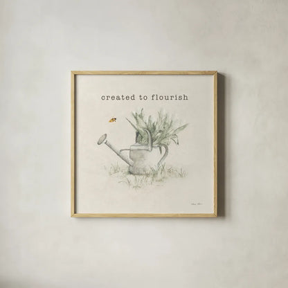 Garden Watering Can Flourish by Cheri Blum. Shown in a natural wood glass frame for a timeless modern aesthetic. Available as an archival giclee rolled canvas, fine art paper, or poster print. SKU 91500a.