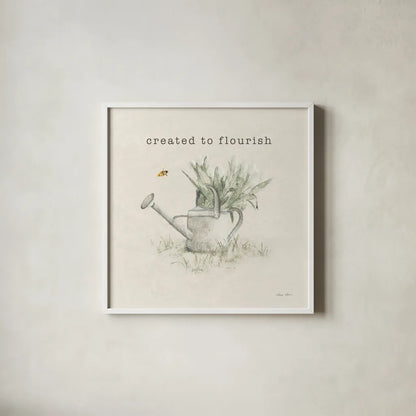 Garden Watering Can Flourish by Cheri Blum. Shown in a crisp white glass frame for a clean and minimalist style. Available as an archival giclee rolled canvas, fine art paper, or poster print. SKU 91500a.