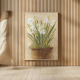 Garden White Narcissus by Cheri Blum. shown as over sized large wall art. Available as an archival giclee rolled canvas, fine art paper, or poster print. SKU 6942h.