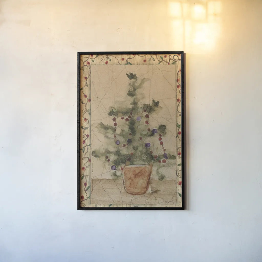 Garland Topiary by Cheri Blum. shown as a paper print in a black flame. Available as a archival giclee rolled canvas, fine art paper, or poster print. SKU 7049h.