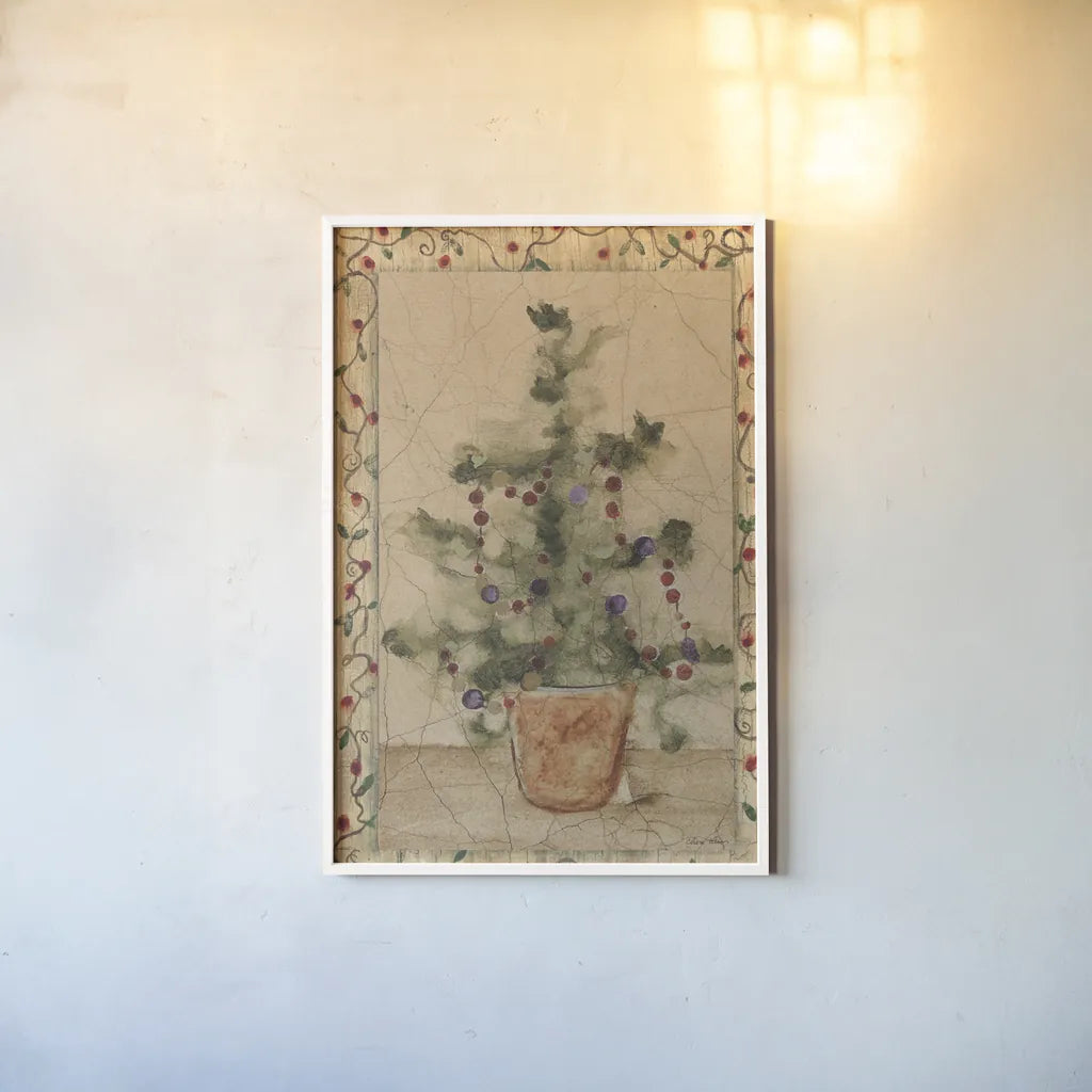 Garland Topiary by Cheri Blum. shown as a paper print in a white frame. Available as a archival giclee rolled canvas, fine art paper, or poster print. SKU 7049h.