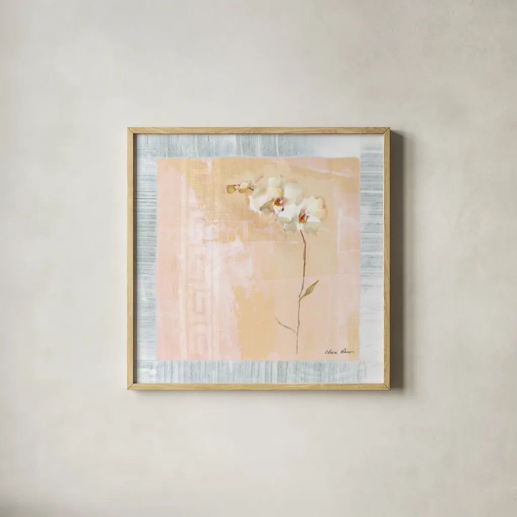 Graceful Orchids IV by Cheri Blum. Shown in a natural wood glass frame for a timeless modern aesthetic. Available as an archival giclee rolled canvas, fine art paper, or poster print. SKU 7483a.