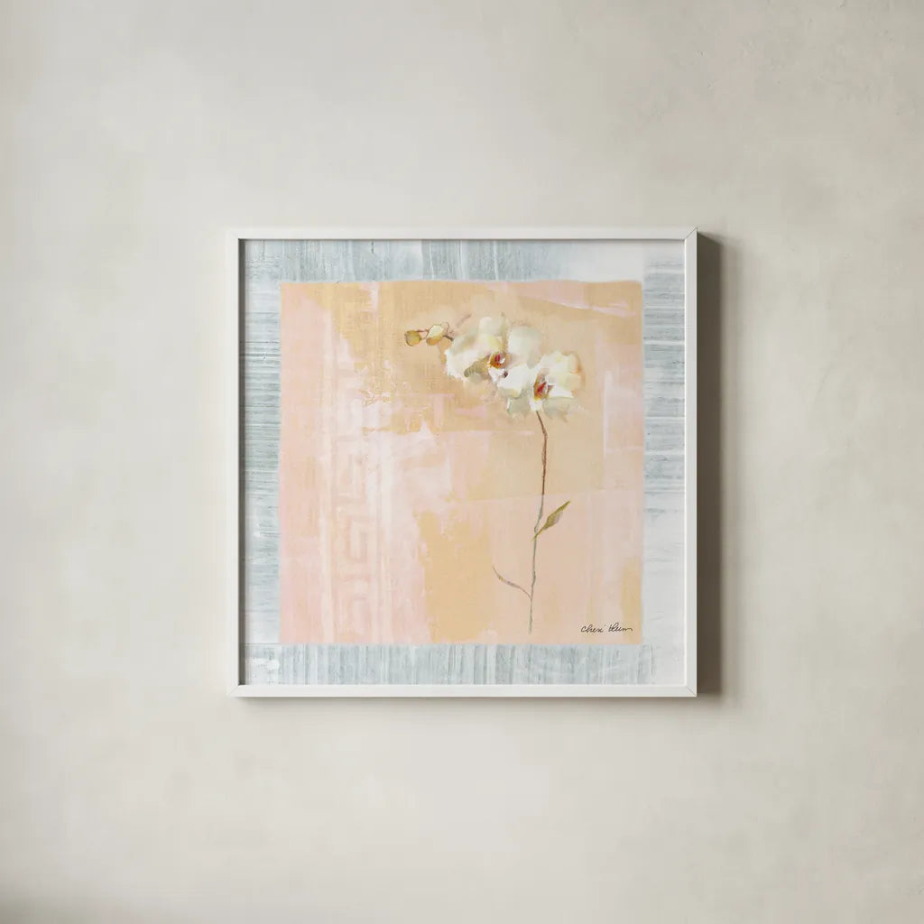 Graceful Orchids IV by Cheri Blum. Shown in a crisp white glass frame for a clean and minimalist style. Available as an archival giclee rolled canvas, fine art paper, or poster print. SKU 7483a.