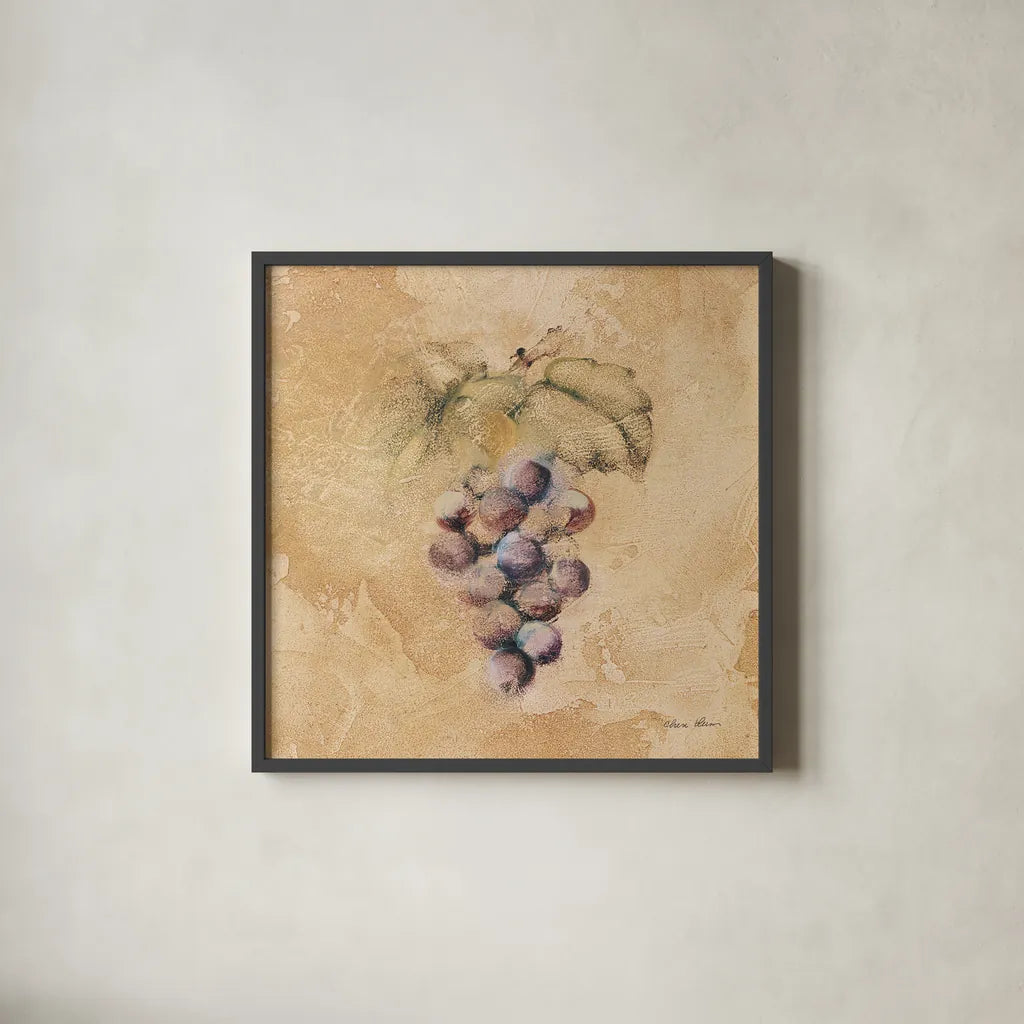 Grapes Square by Cheri Blum. Shown in a sleek black glass frame for a contemporary gallery look. Available as an archival giclee rolled canvas, fine art paper, or poster print. SKU 7024a.